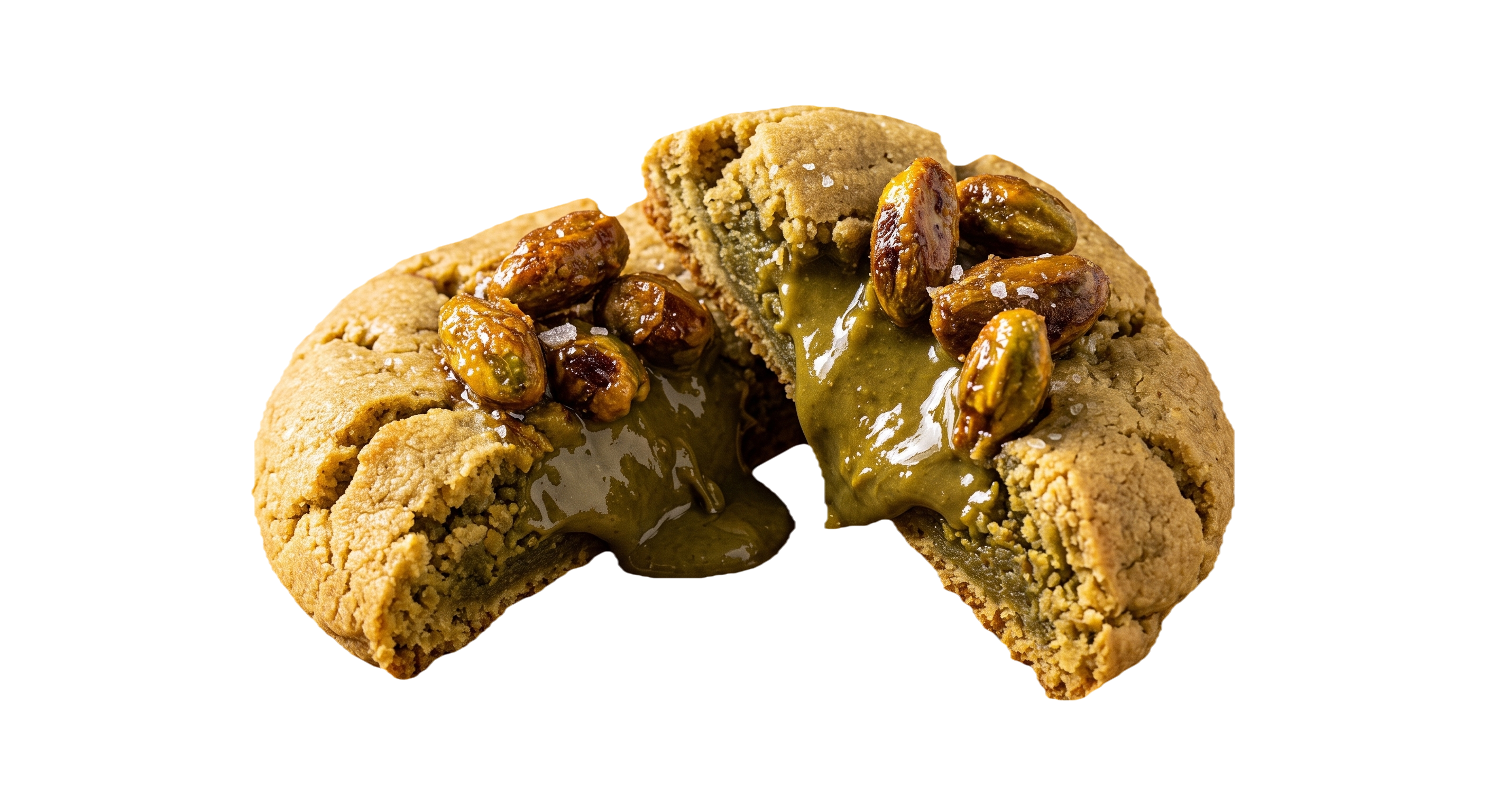 Cookie de pistacho partida por la mitad con relleno fundido de pistacho